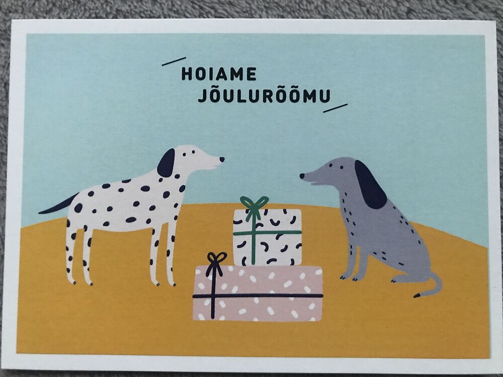 Estonian art postcard - New Year Christmas Greeting card with dogs - Artist unknown - 2000s - unused