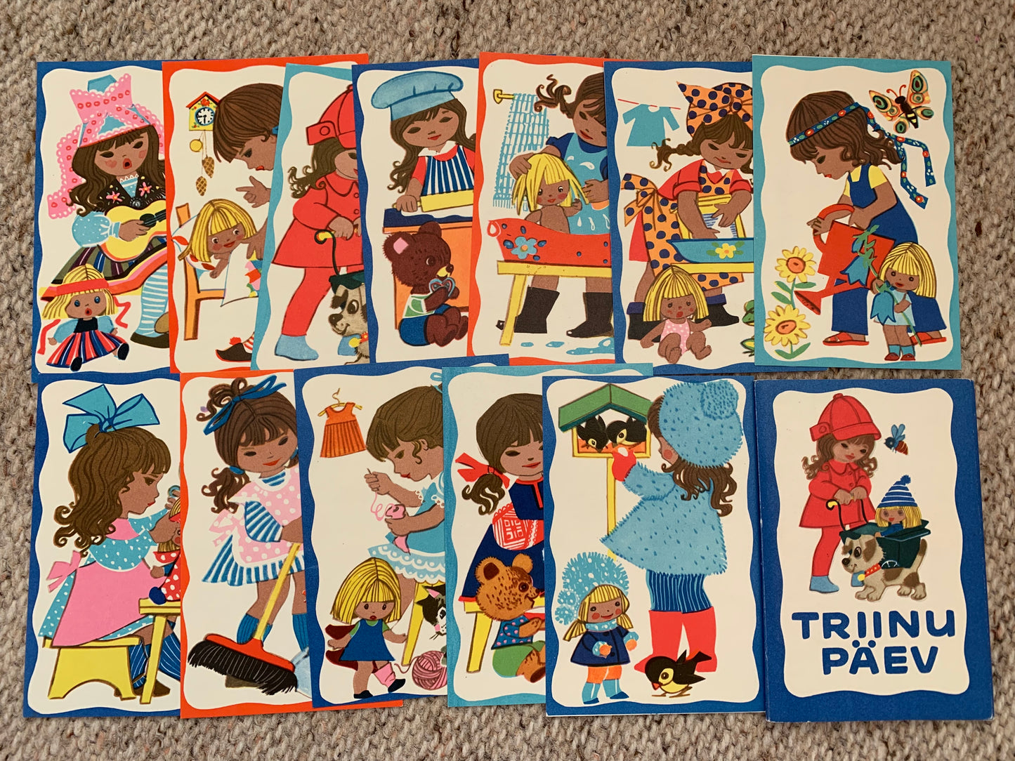 Vintage postcard set - Triinu's Day - Made in Soviet Estonia - artist M.Fuks - Card Game for Children - collectible postcards - 1974 - unused