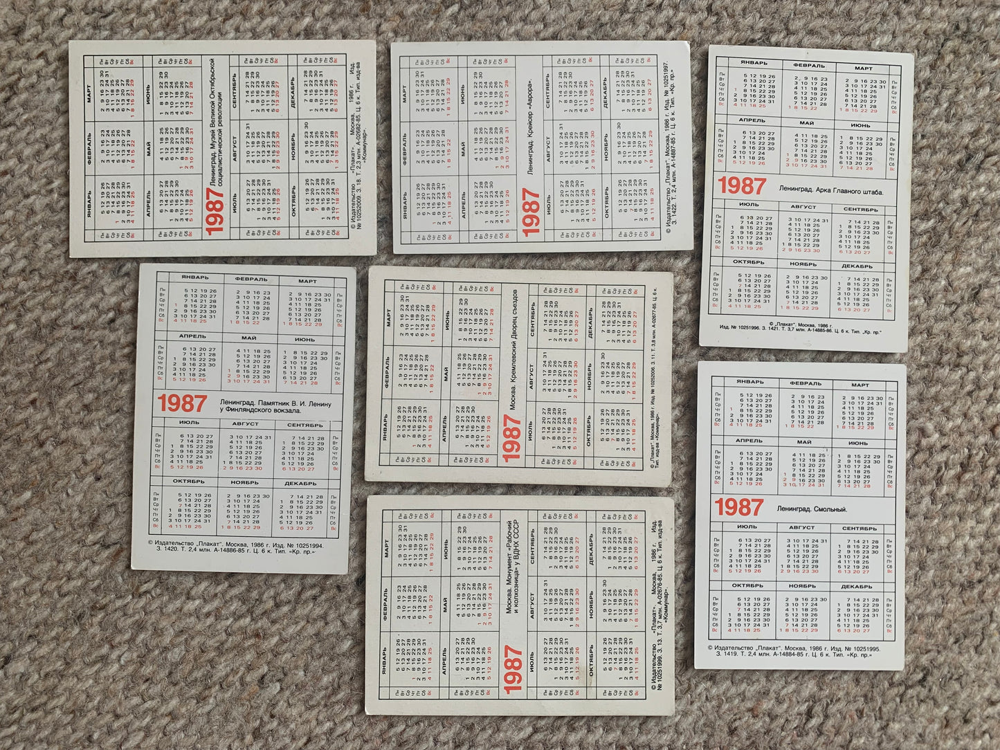 Set of 7 Soviet-time pocket calendars - Dedicated to the Russian Revolution started in October 1917 - 70th anniversary in 1987