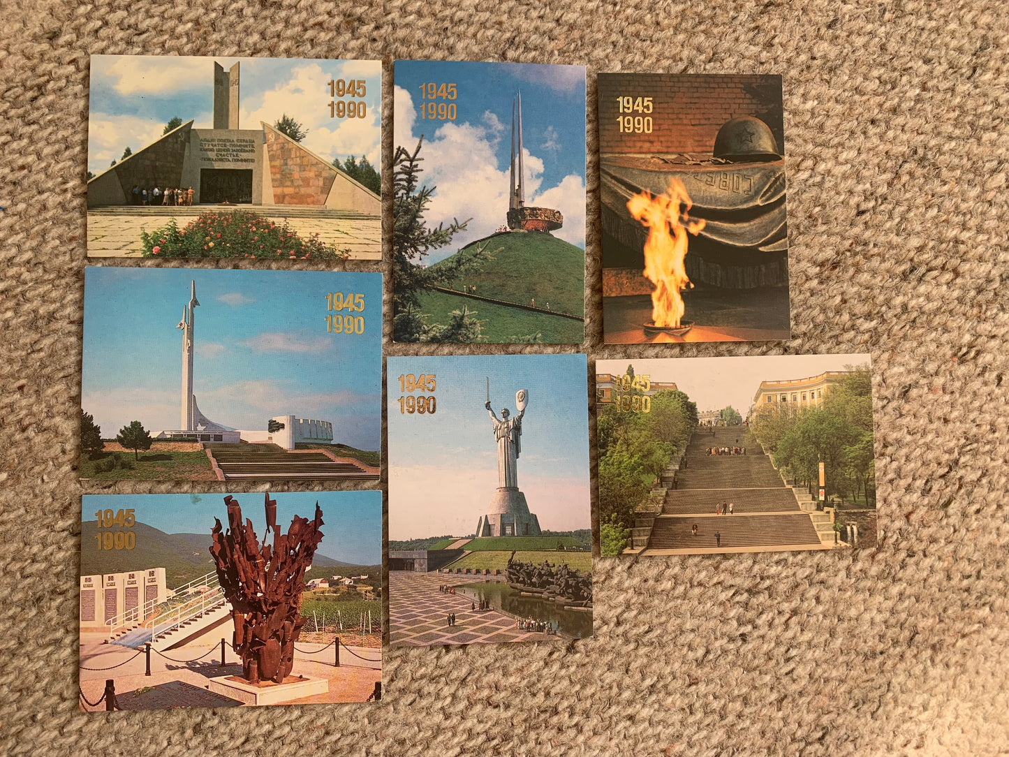 Set of 7 Soviet-time pocket calendars - Monuments in the USSR dedicated to the WWII ending in 1945 - 45th anniversary in 1990