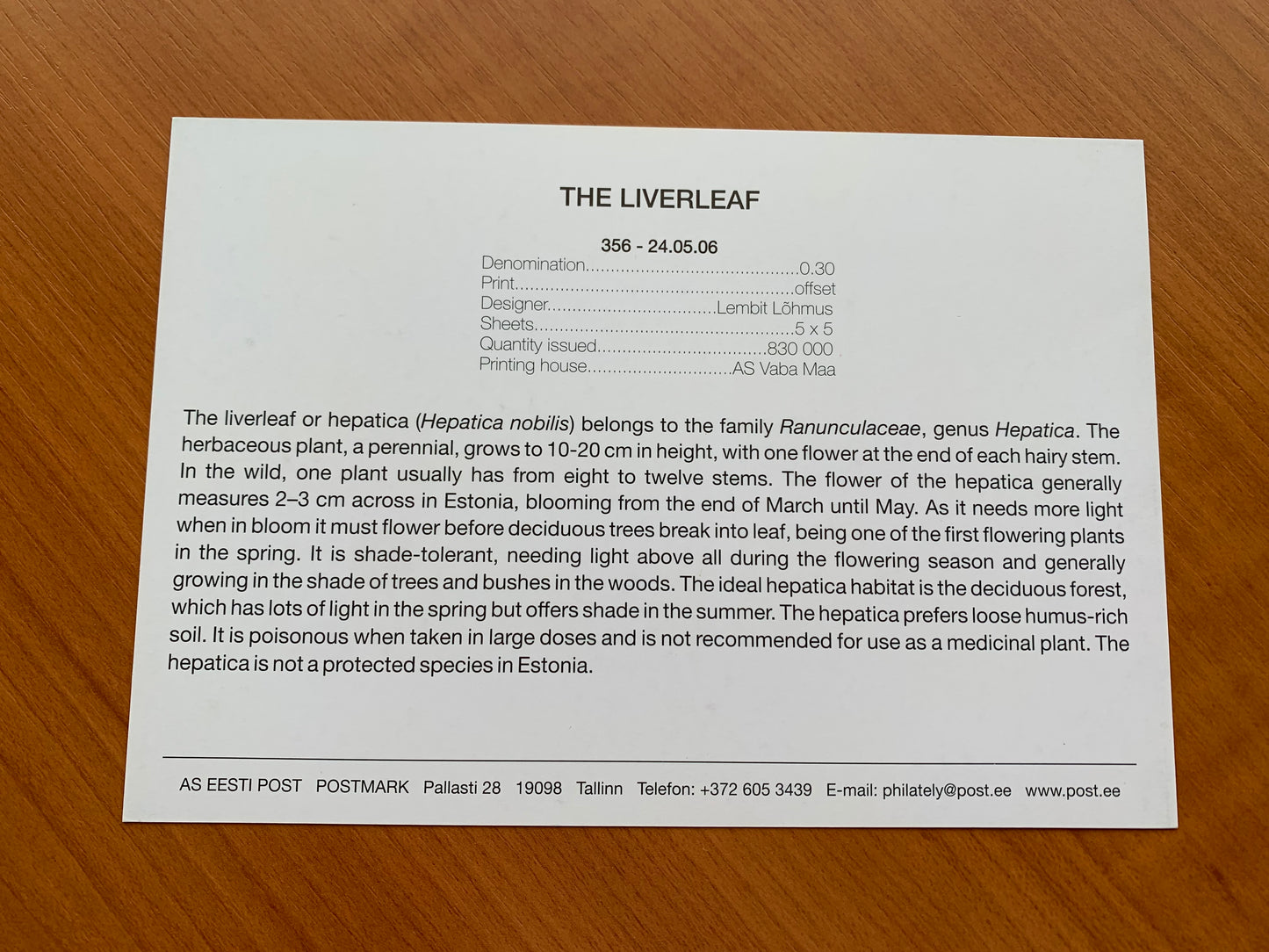 Estonian postcard - Postal stationery - THE LIVERLEAF - Hepatica nobilis - Philately info card - 2006