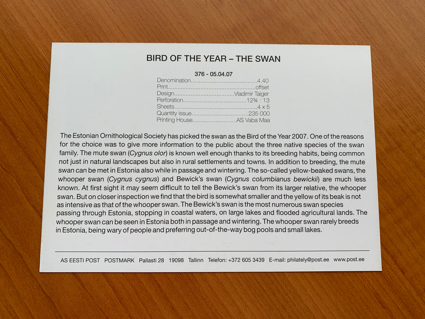 Estonian postcard - Postal stationery - BIRD OF THE YEAR - THE SWAN - Philately info card - 2007