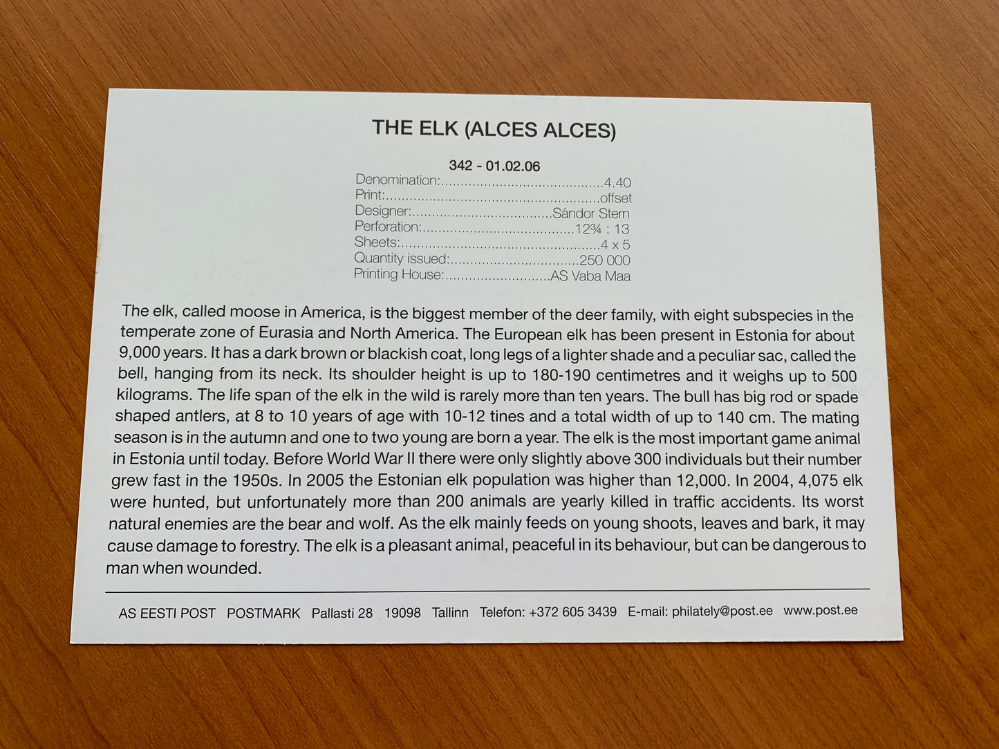 Estonian postcard - Postal stationery - THE ELK (ALCES ALCES) - Philately info card - 2006