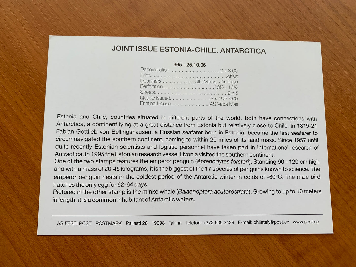 Estonian postcard - Postal stationery - JOINT ISSUE ESTONIA-CHILE - ANTARCTICA - Philately info card - 2006