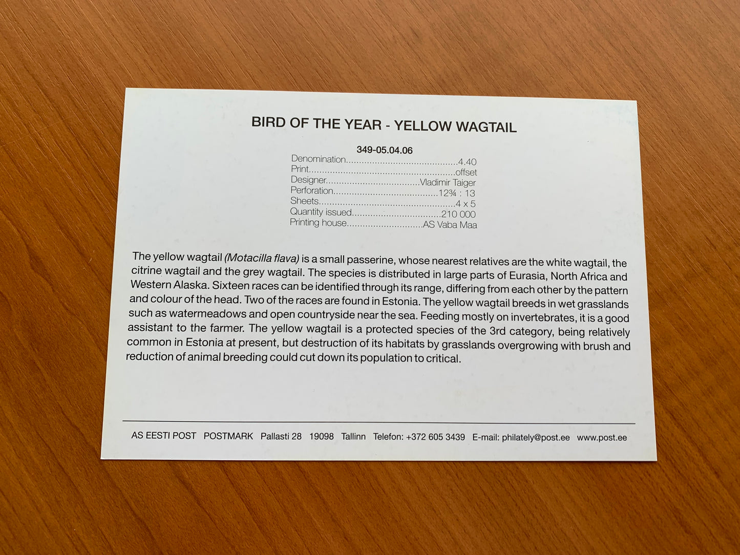 Estonian postcard - Postal stationery - BIRD OF THE YEAR - YELLOW WAGTAIL - Philately info card - 2006