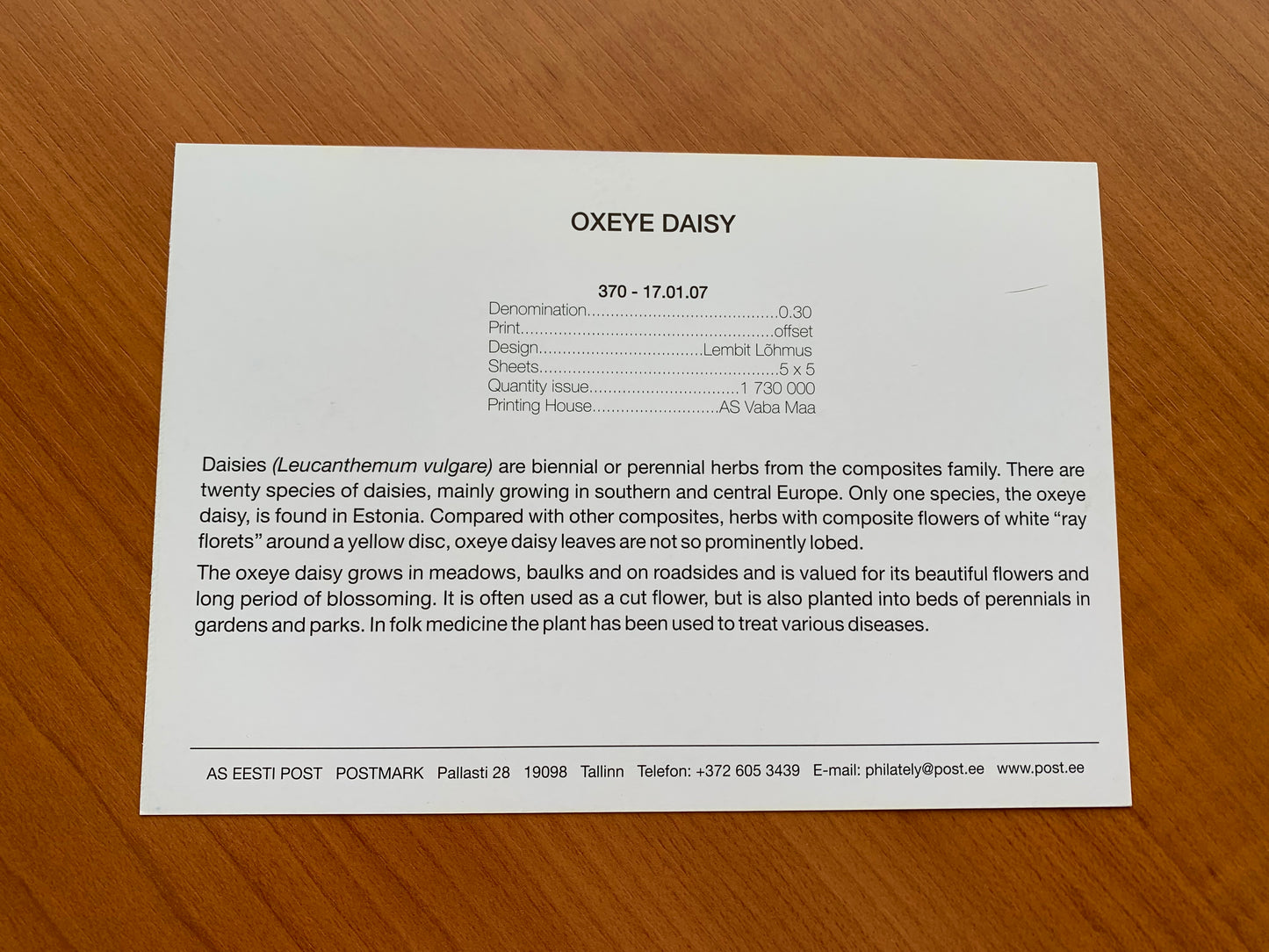 Estonian postcard - Postal stationery - OXEYE DAISY - Philately info card - 2007