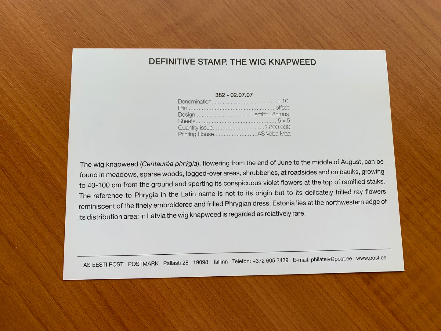 Estonian postcard - Postal stationery - DEFINITIVE STAMP - THE WIG KNAPWEED - Philately info card - 2007