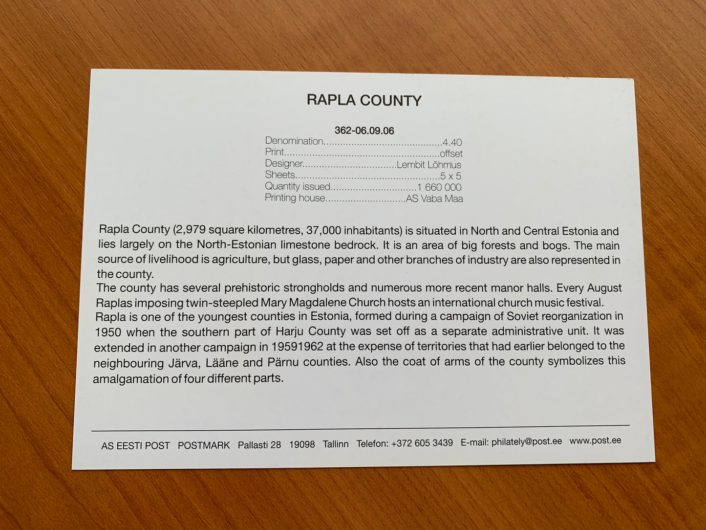 Estonian postcard - Postal stationery - RAPLA COUNTY - Philately info card - 2006