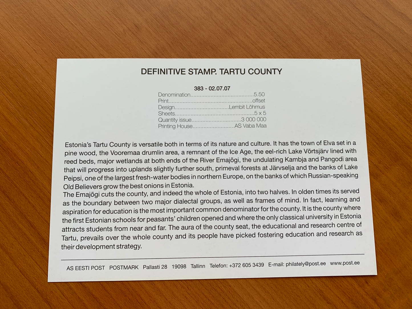Estonian postcard - Postal stationery - DEFINITIVE STAMP - TARTU COUNTY - Philately info card - 2007