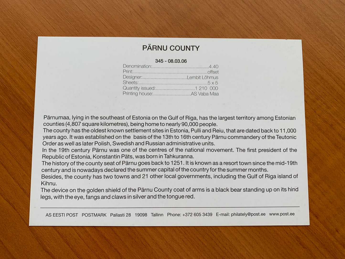 Estonian postcard - Postal stationery - PÄRNU COUNTY - Philately info card - 2006