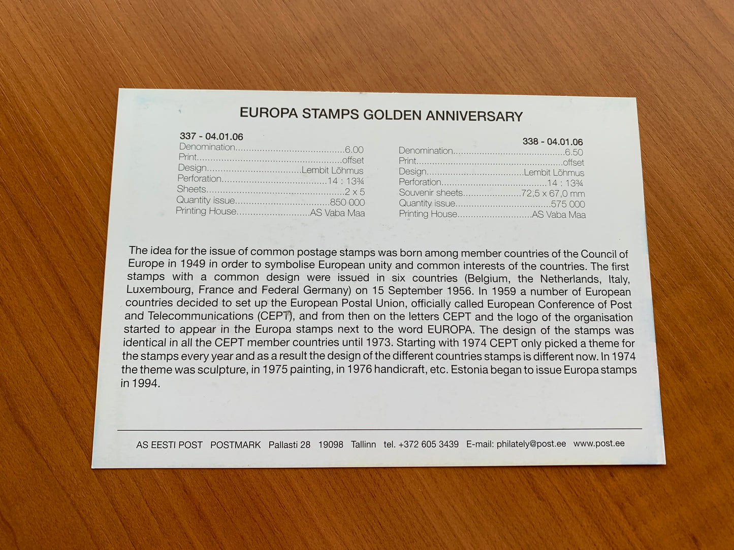 Estonian postcard - Postal stationery - EUROPA STAMPS GOLDEN ANNIVERSARY - Philately info card - 2006