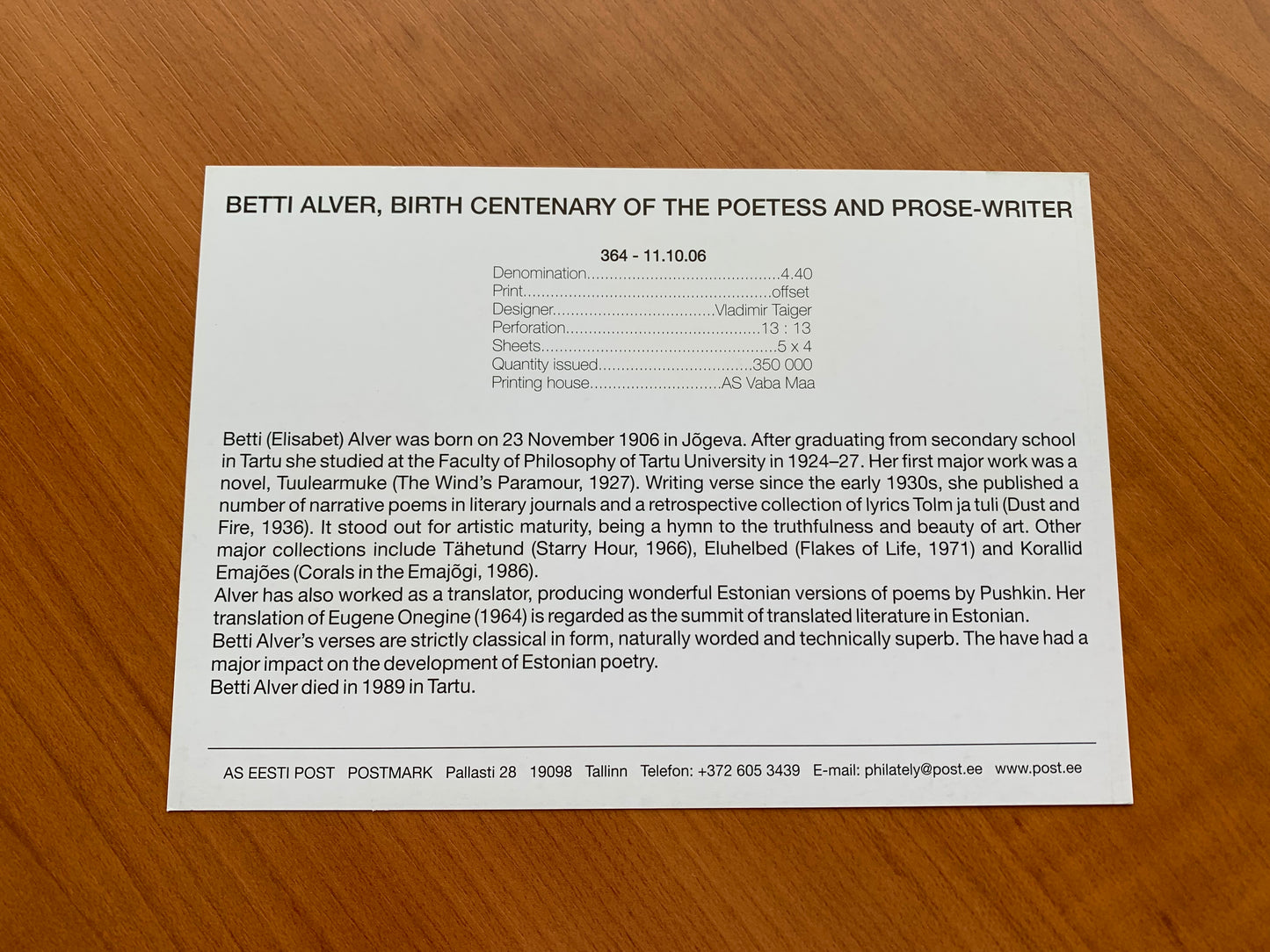 Estonian postcard - Postal stationery - BETTI ALVER - BIRTH CENTENARY OF THE POETESS AND PROSE-WRITER - Philately info card - 2006