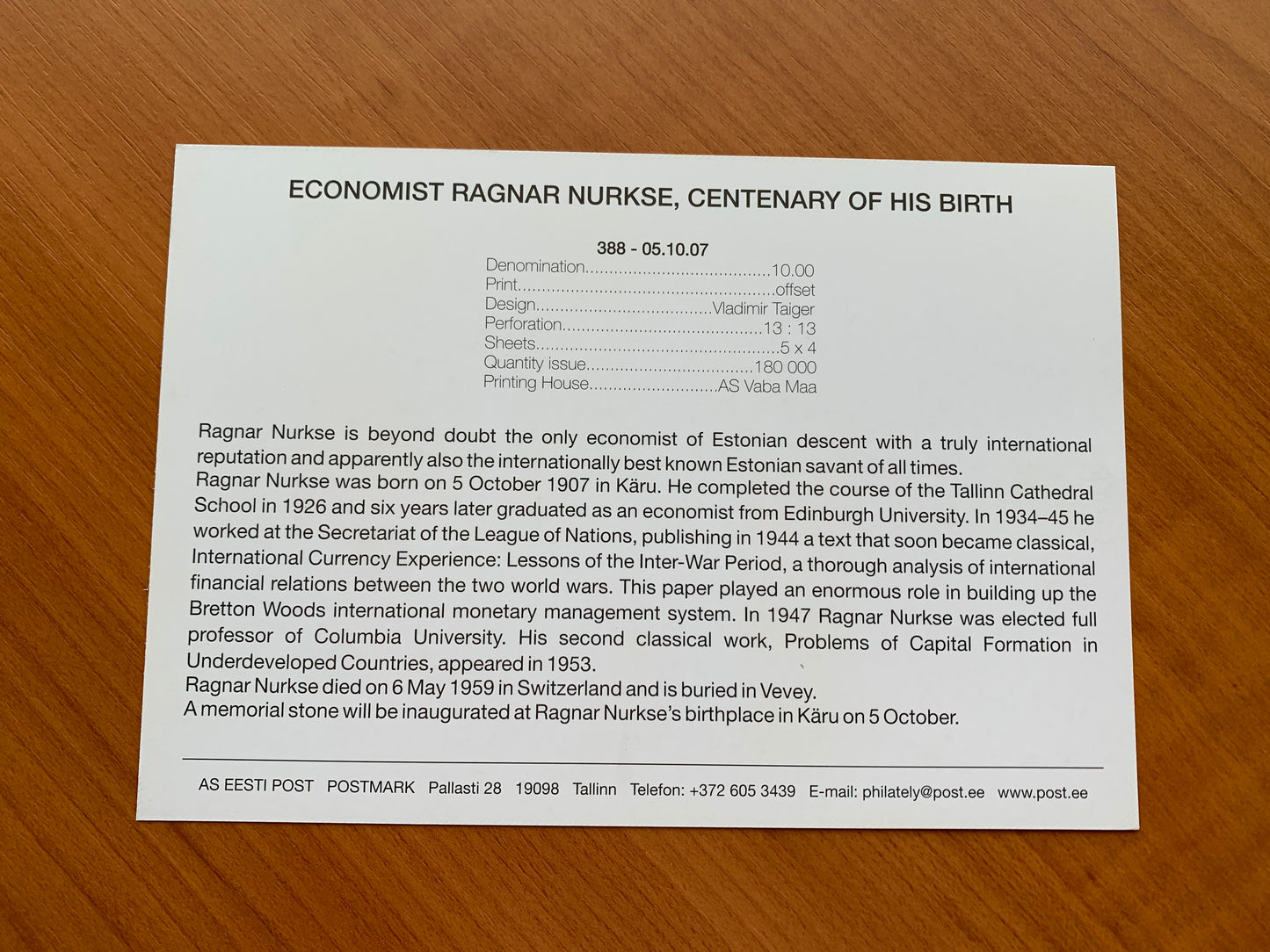 Estonian postcard - Postal stationery - ECONOMIST RAGNAR NURKSE, CENTENARY OF HIS BIRTH - Philately info card - 2007