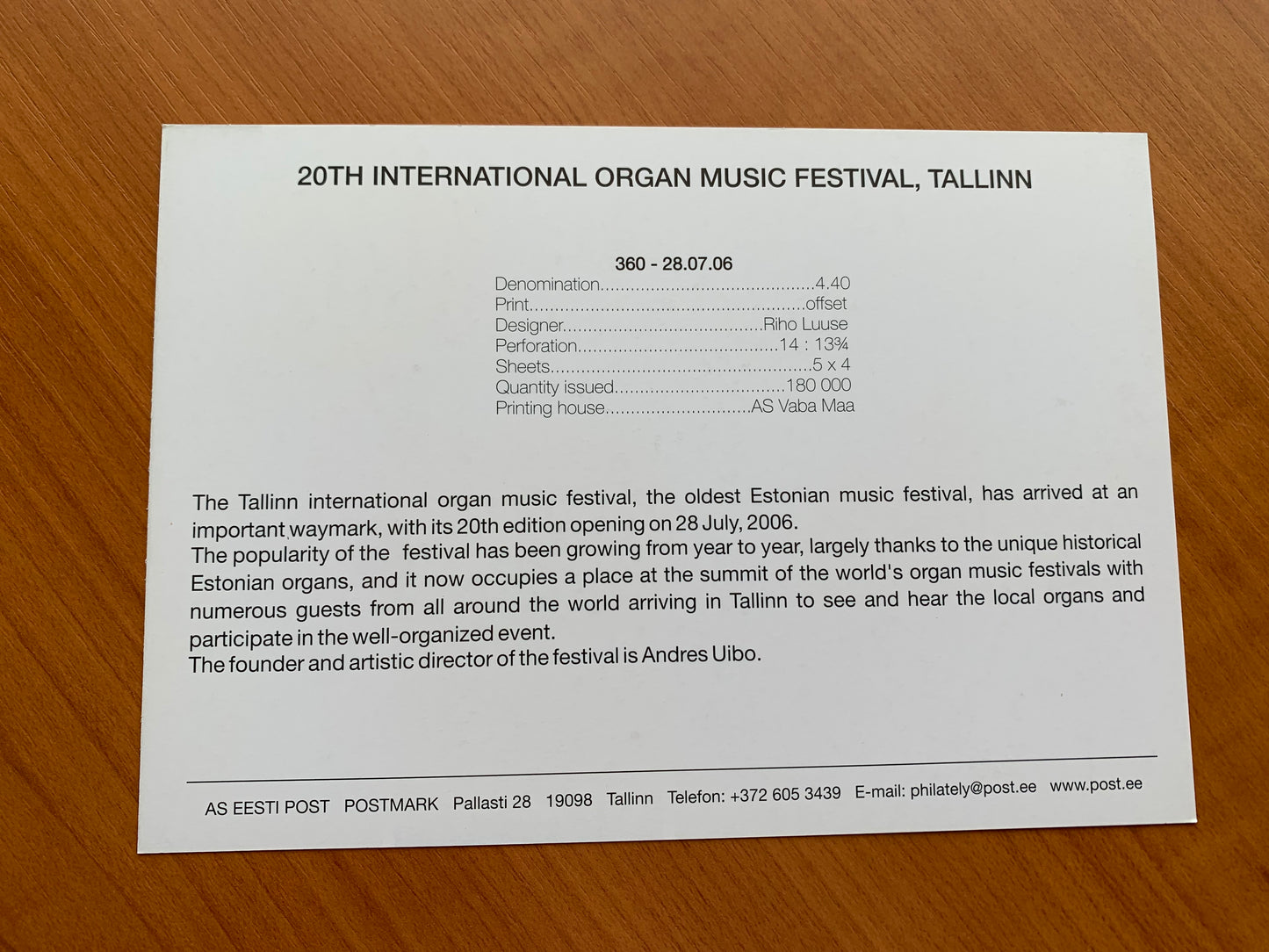 Estonian postcard - Postal stationery - 20TH INTERNATIONAL ORGAN MUSIC FESTIVAL in TALLINN - Philately info card - 2006