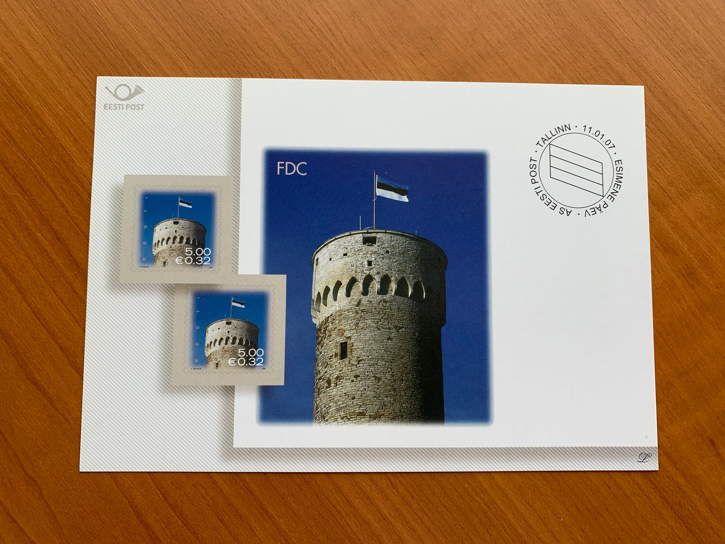 Estonian postcard - Postal stationery - ESTONIAN NATIONAL FLAG FLYING FROM PIKK HERMANN TOWER - Philately info card - 2007