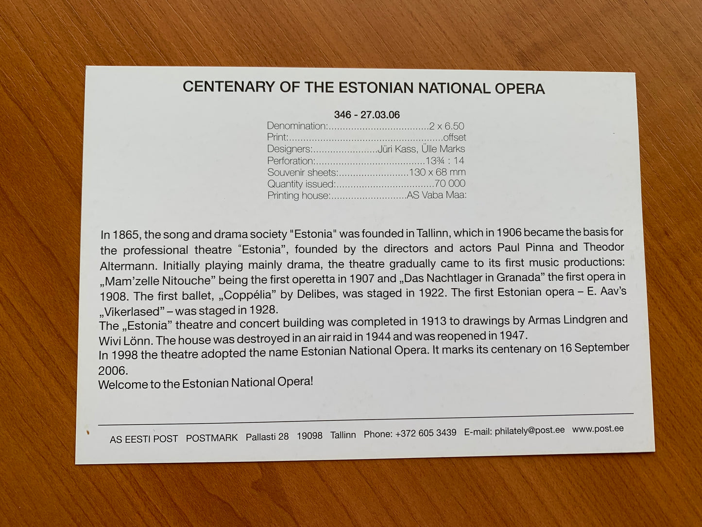 Estonian postcard - Postal stationery - CENTENARY OF THE ESTONIAN NATIONAL OPERA - Philately info card - 2006