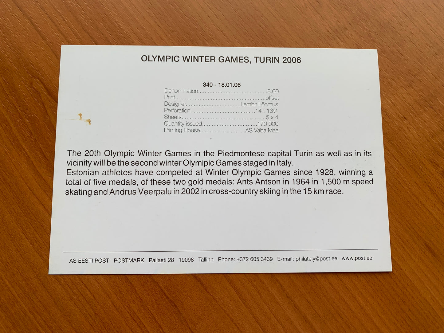 Estonian postcard - Postal stationery - OLYMPIC WINTER GAMES, TURIN 2006 - Philately info card - 2006