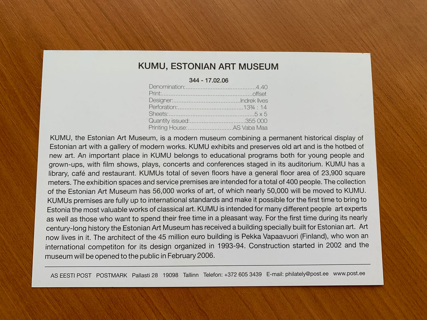 Estonian postcard - Postal stationery - KUMU, ESTONIAN ART MUSEUM in TALLINN - Philately info card - 2006