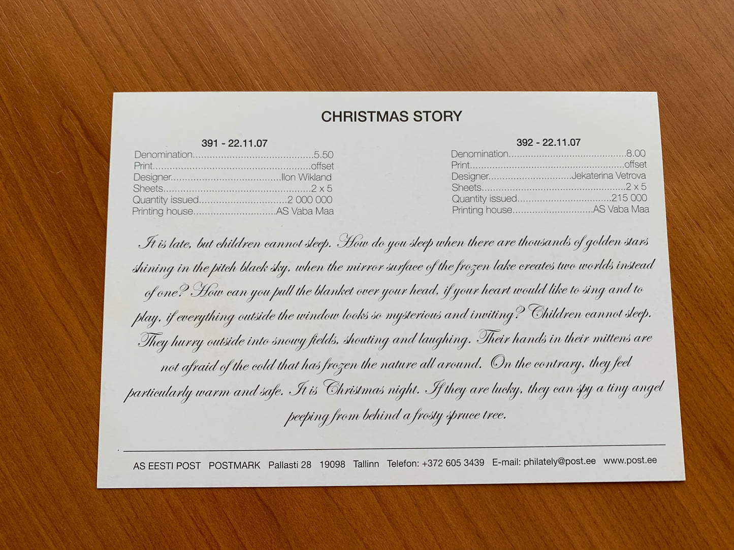 Estonian postcard - Postal stationery - CHRISTMAS STORY - Philately info card - 2007