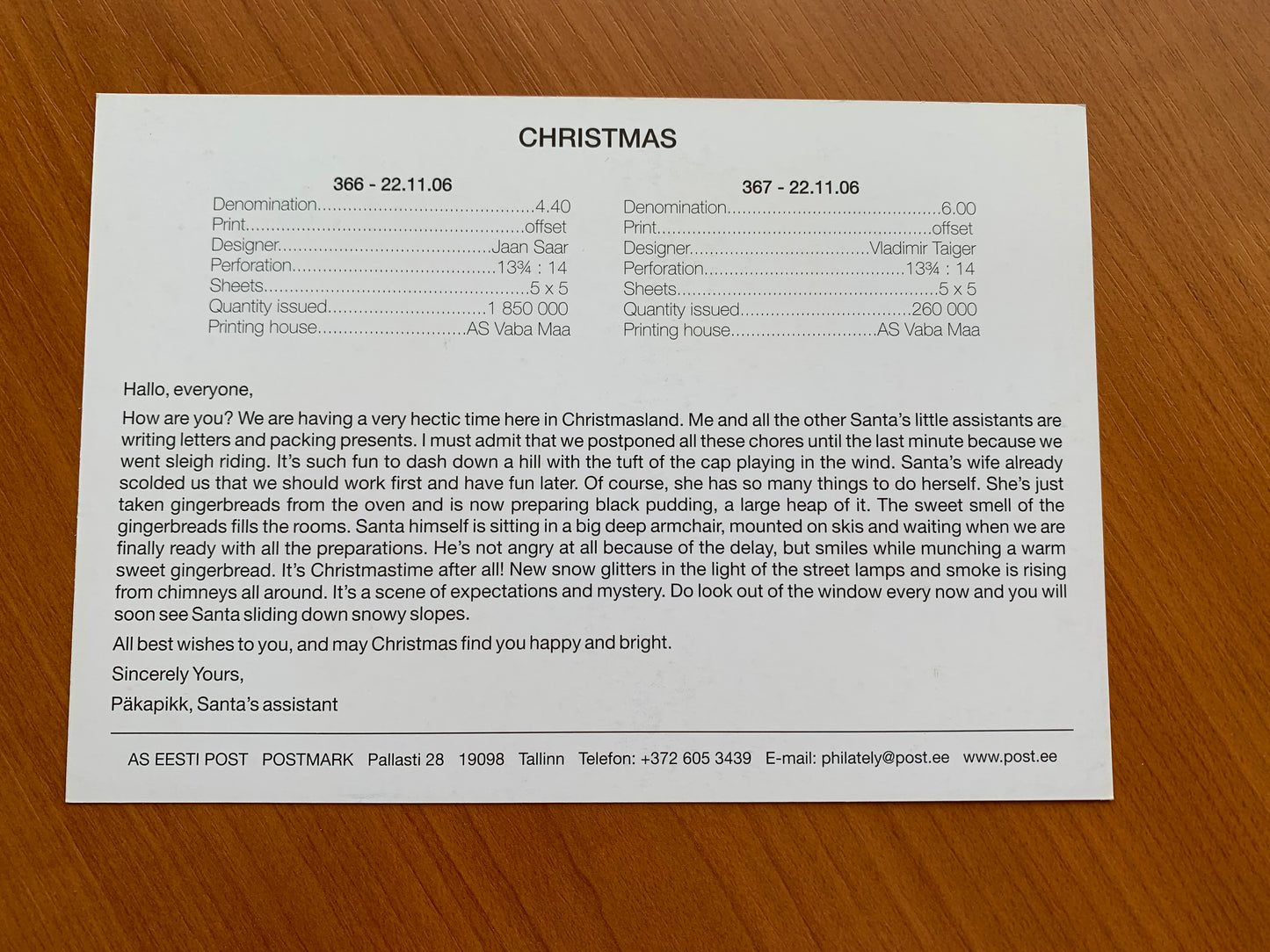 Estonian postcard - Postal stationery - CHRISTMAS - Philately info card - 2006