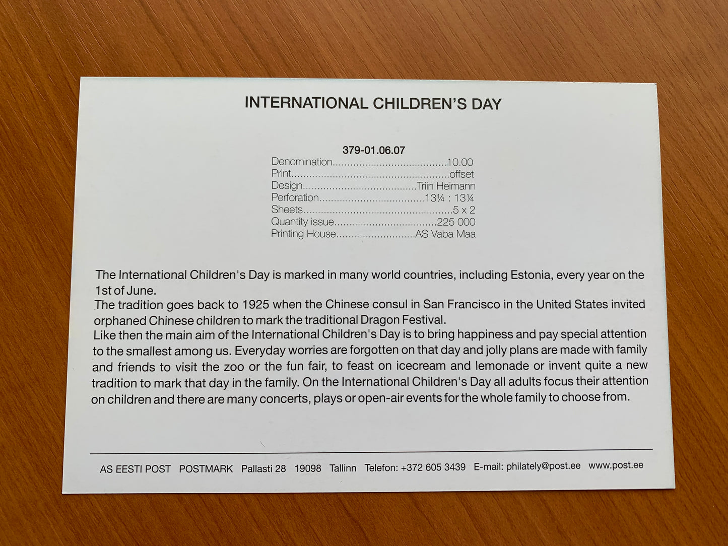 Estonian postcard - Postal stationery - INTERNATIONAL CHILDREN'S DAY - Philately info card - 2007