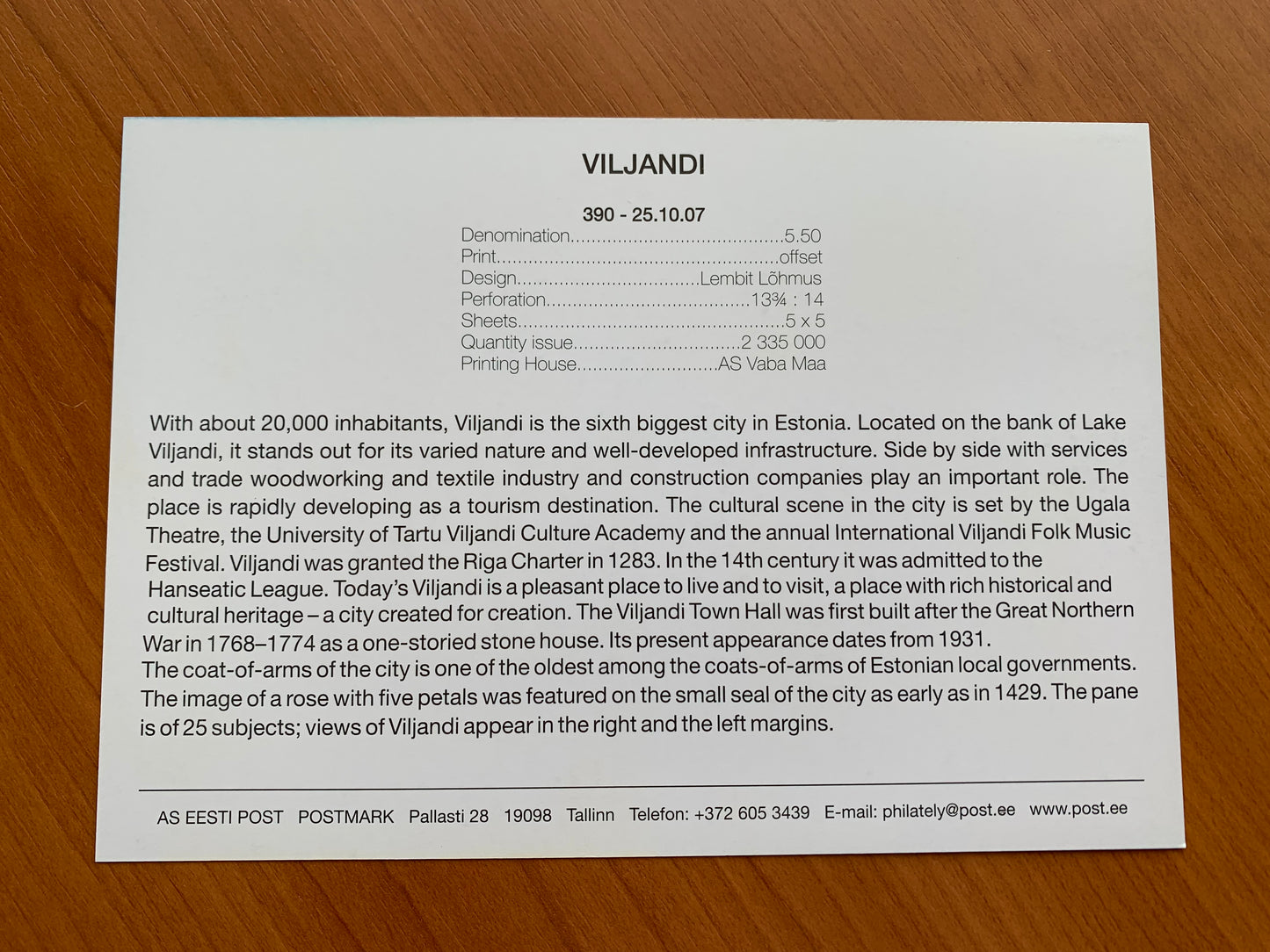 Estonian postcard - Postal stationery - VILJANDI town in Estonia - Philately info card - 2007