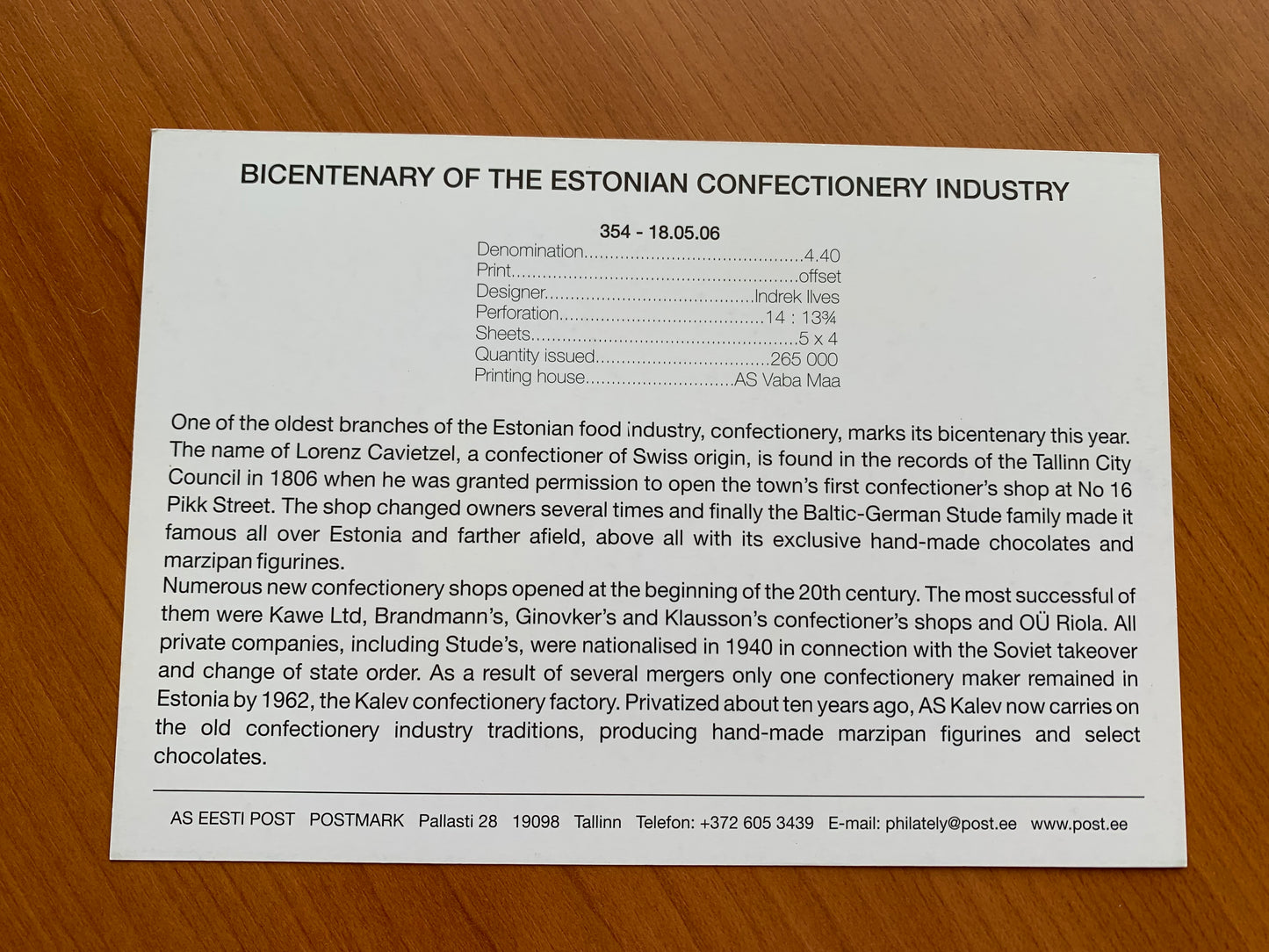 Estonian postcard - Postal stationery - BICENTENARY OF THE ESTONIAN CONFECTIONERY INDUSTRY - Philately info card - 2006