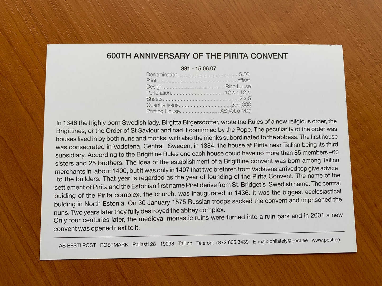 Estonian postcard - Postal stationery - 600TH ANNIVERSARY OF THE PIRITA CONVENT - Philately info card - 2007