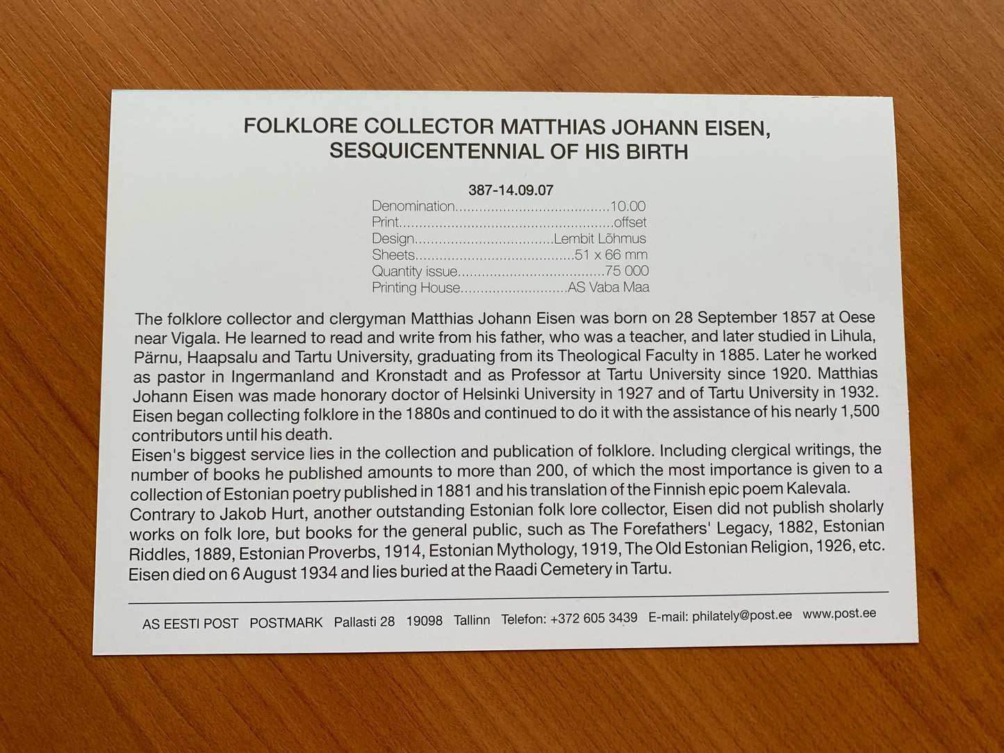 Estonian postcard - Postal stationery - FOLKLORE COLLECTOR MATTHIAS JOHANN EISEN - SESQUICENTENNIAL OF HIS BIRTH - Philately info card - 2007