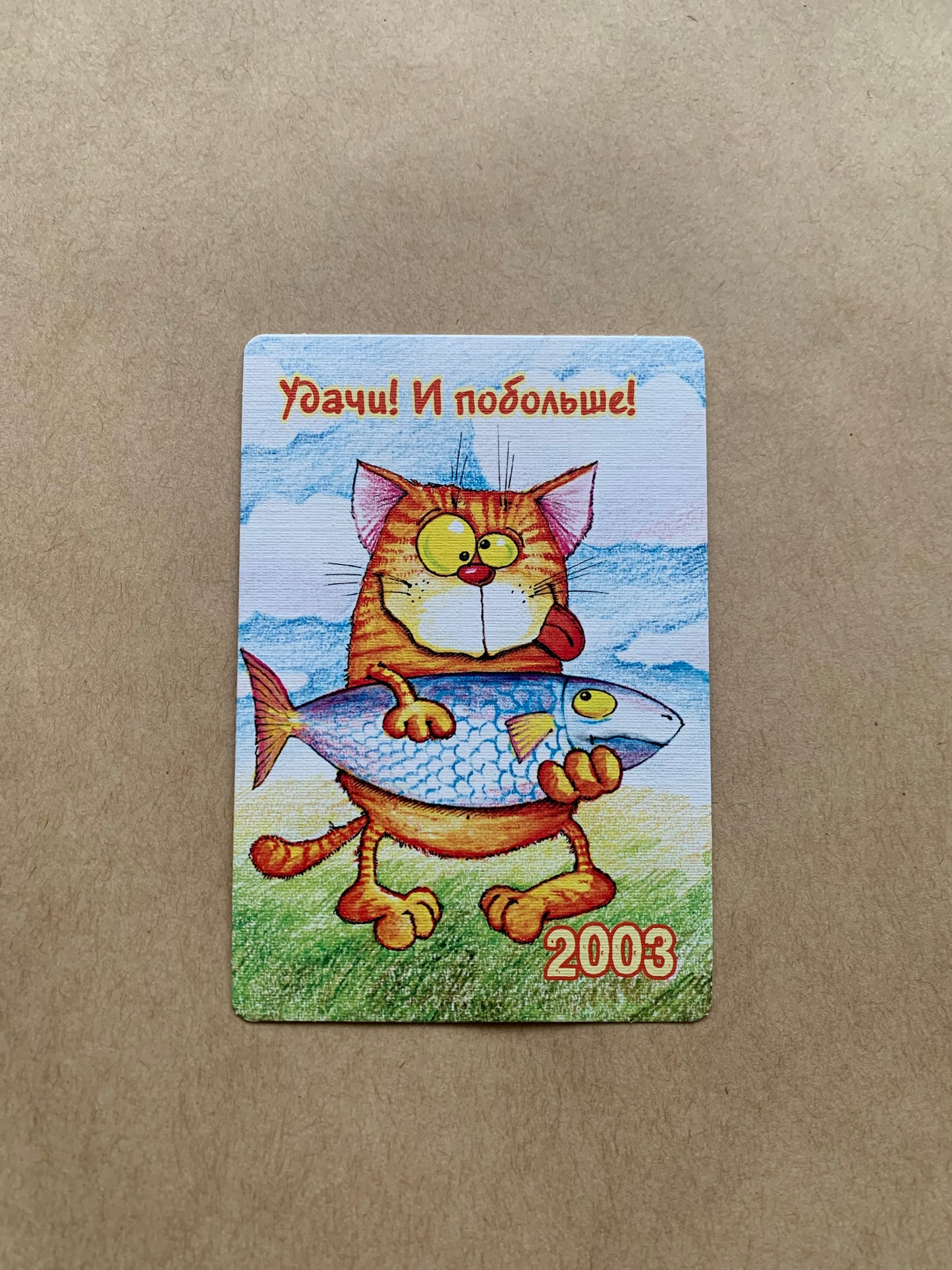Funny Russian pocket calendar for the year 2003 - Cat with a big fish