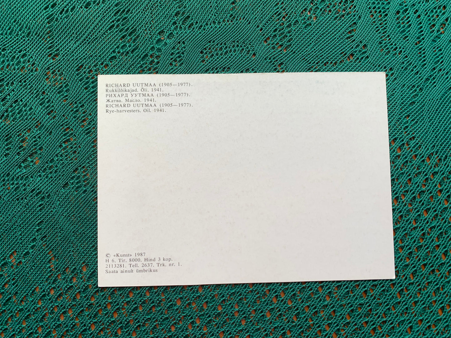 Estonian art postcard - Artist Richard Uutmaa - Rye-harvesters - 1987 - unused