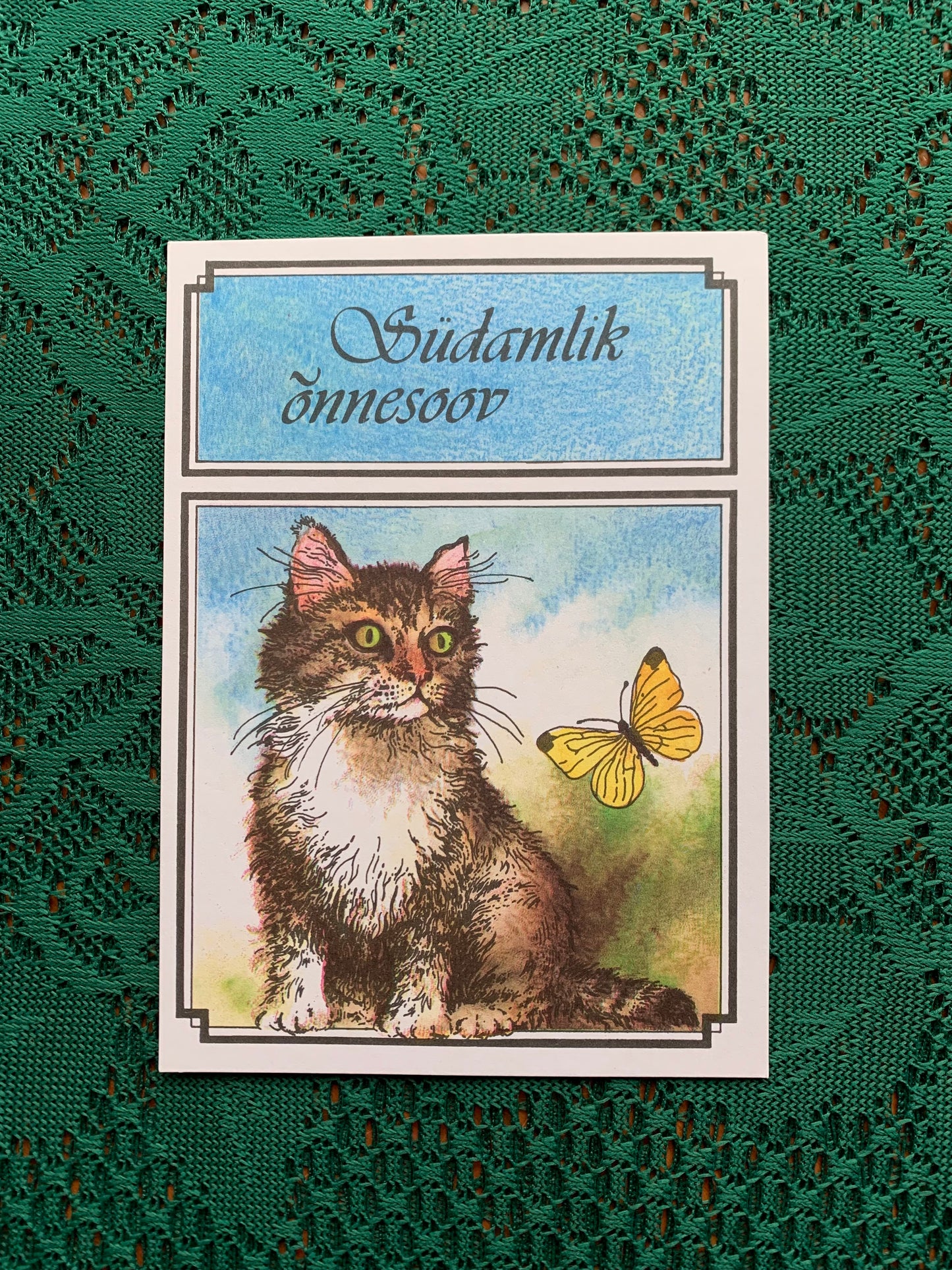 5 Estonian art postcards - Greeting card with a cat and butterfly - Artist R.Jänes - 1990 - unused