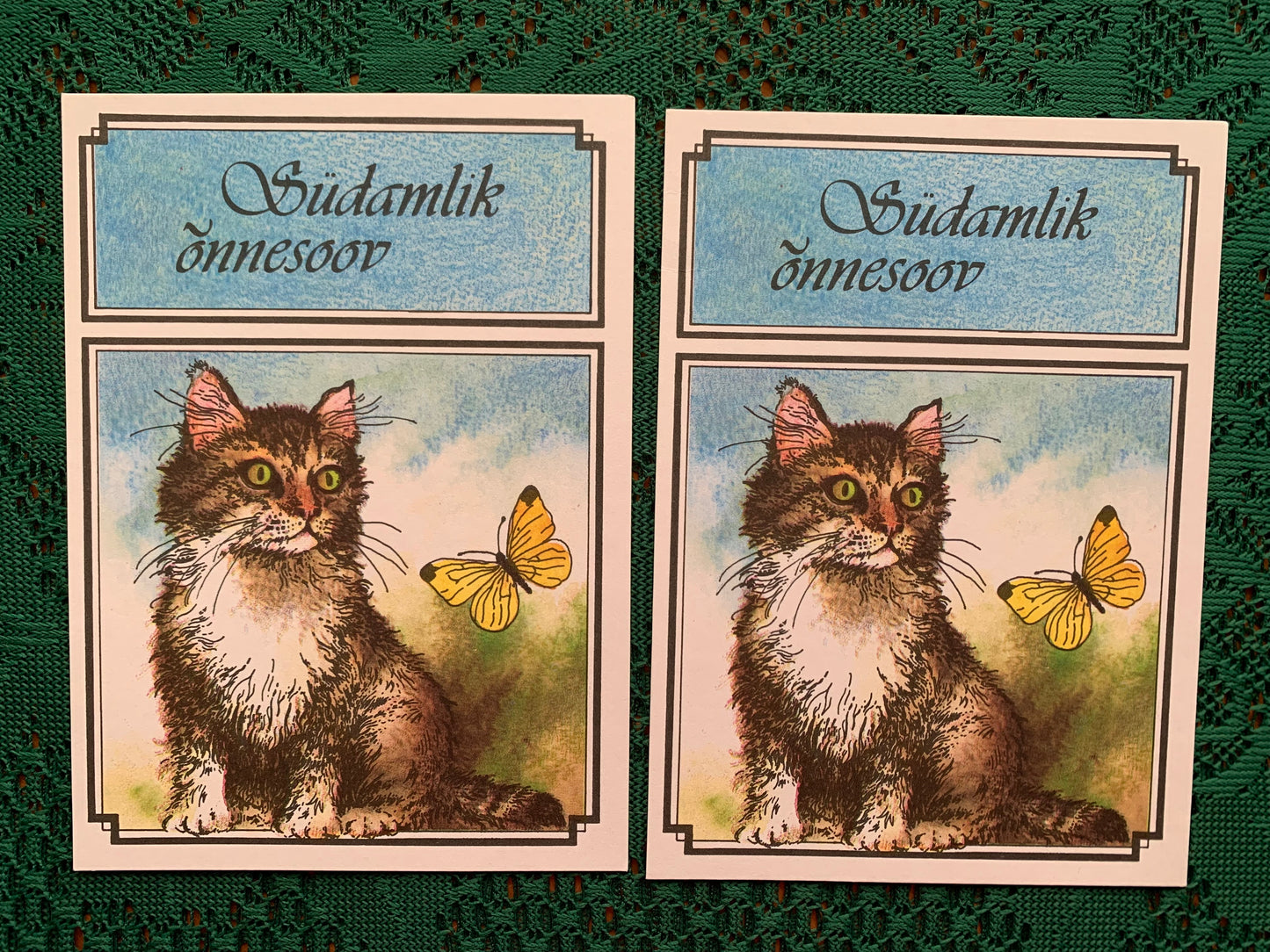 5 Estonian art postcards - Greeting card with a cat and butterfly - Artist R.Jänes - 1990 - unused