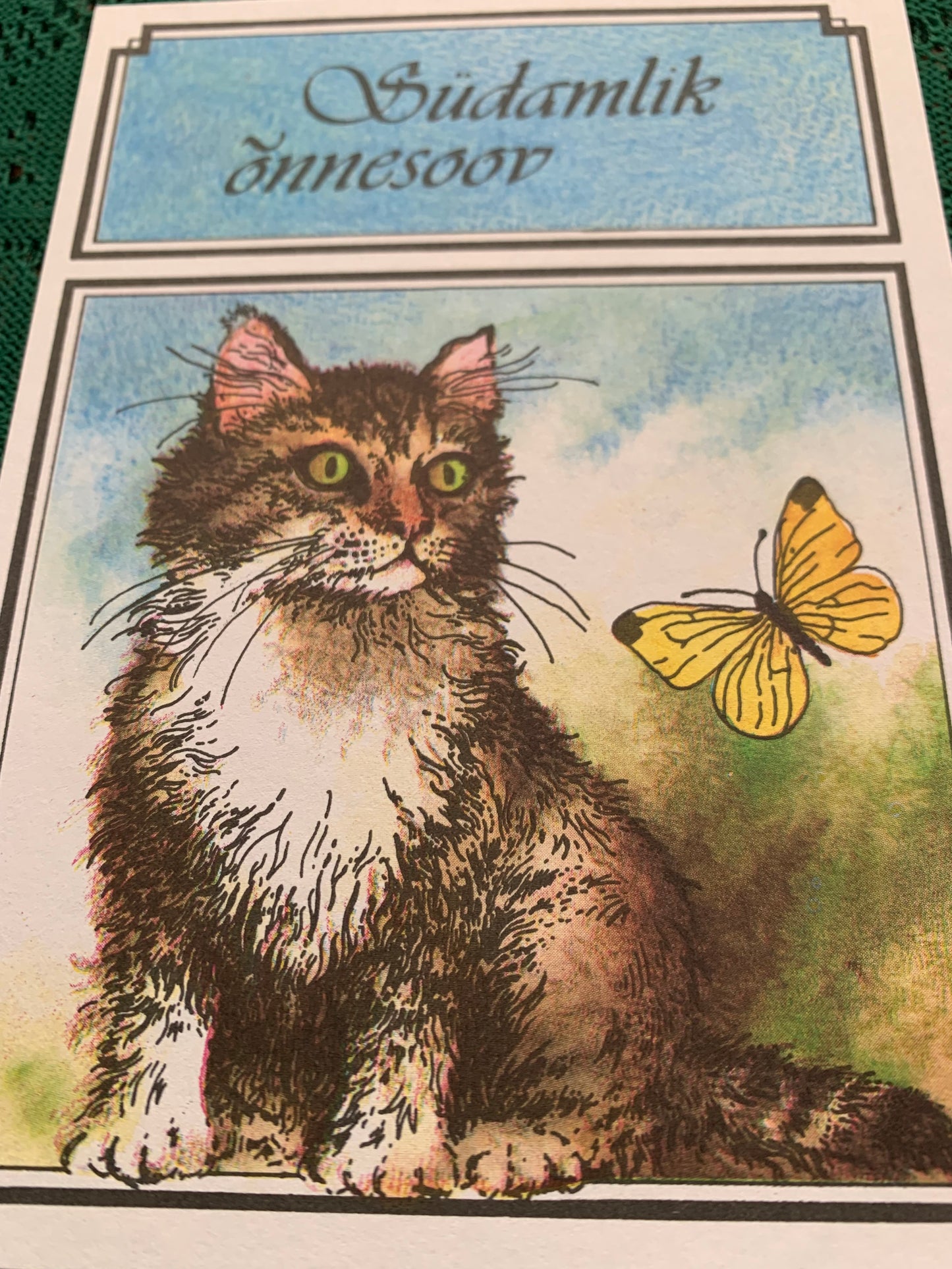 5 Estonian art postcards - Greeting card with a cat and butterfly - Artist R.Jänes - 1990 - unused