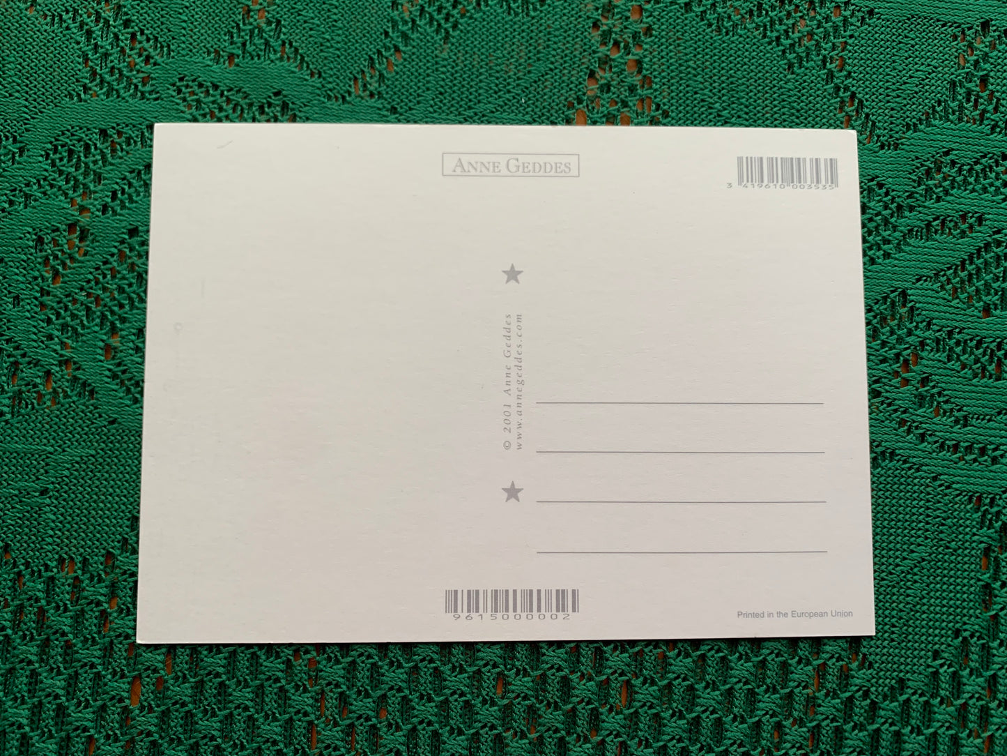 Anne Geddes Art Postcard - Cute Babies in Christmas suit - Baby Photography - unused