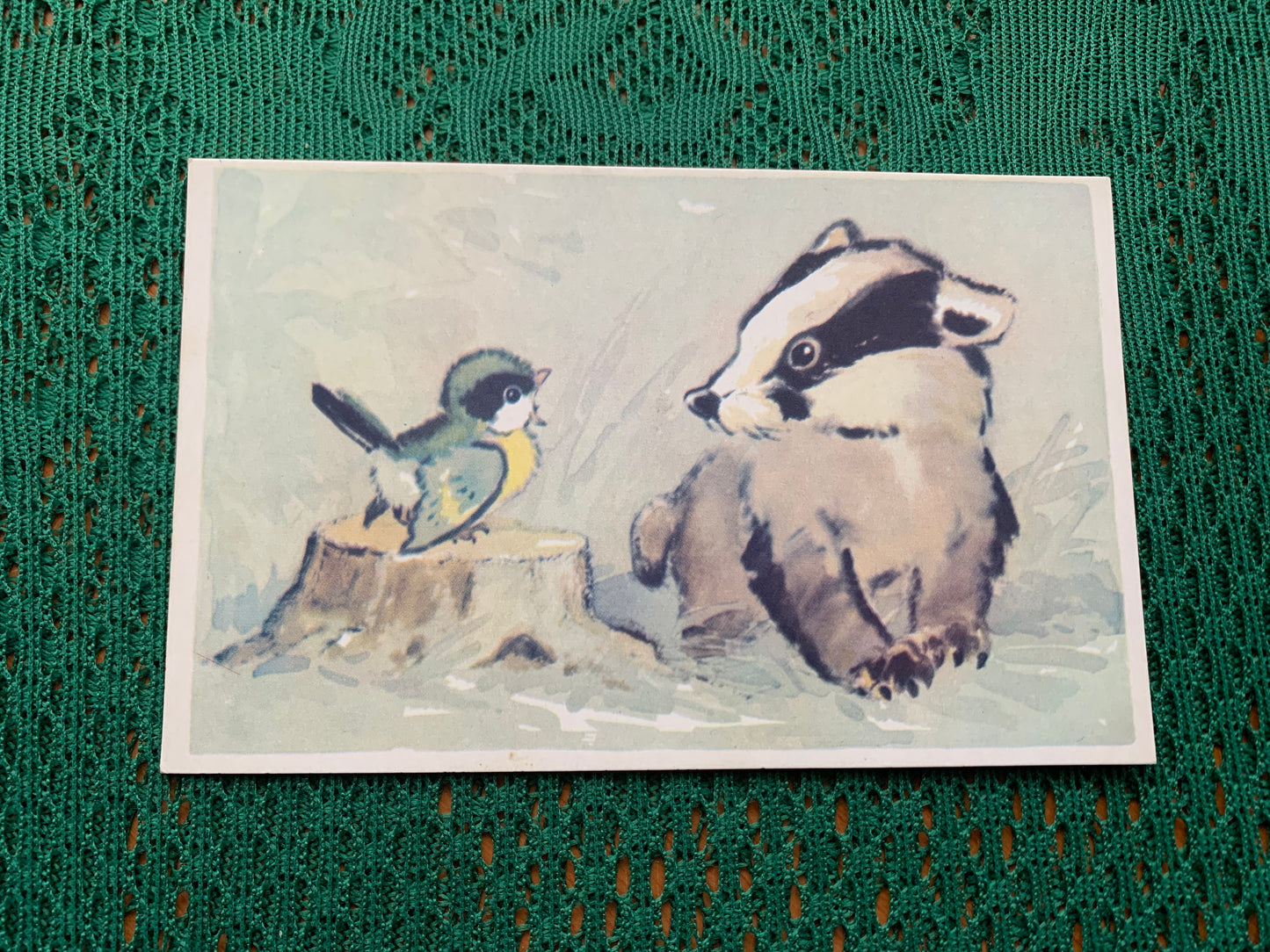 Russian art postcard - Artist L.Gamburger - Bird and Badger - Animal postcard - Printed in USSR - 1970 - unused