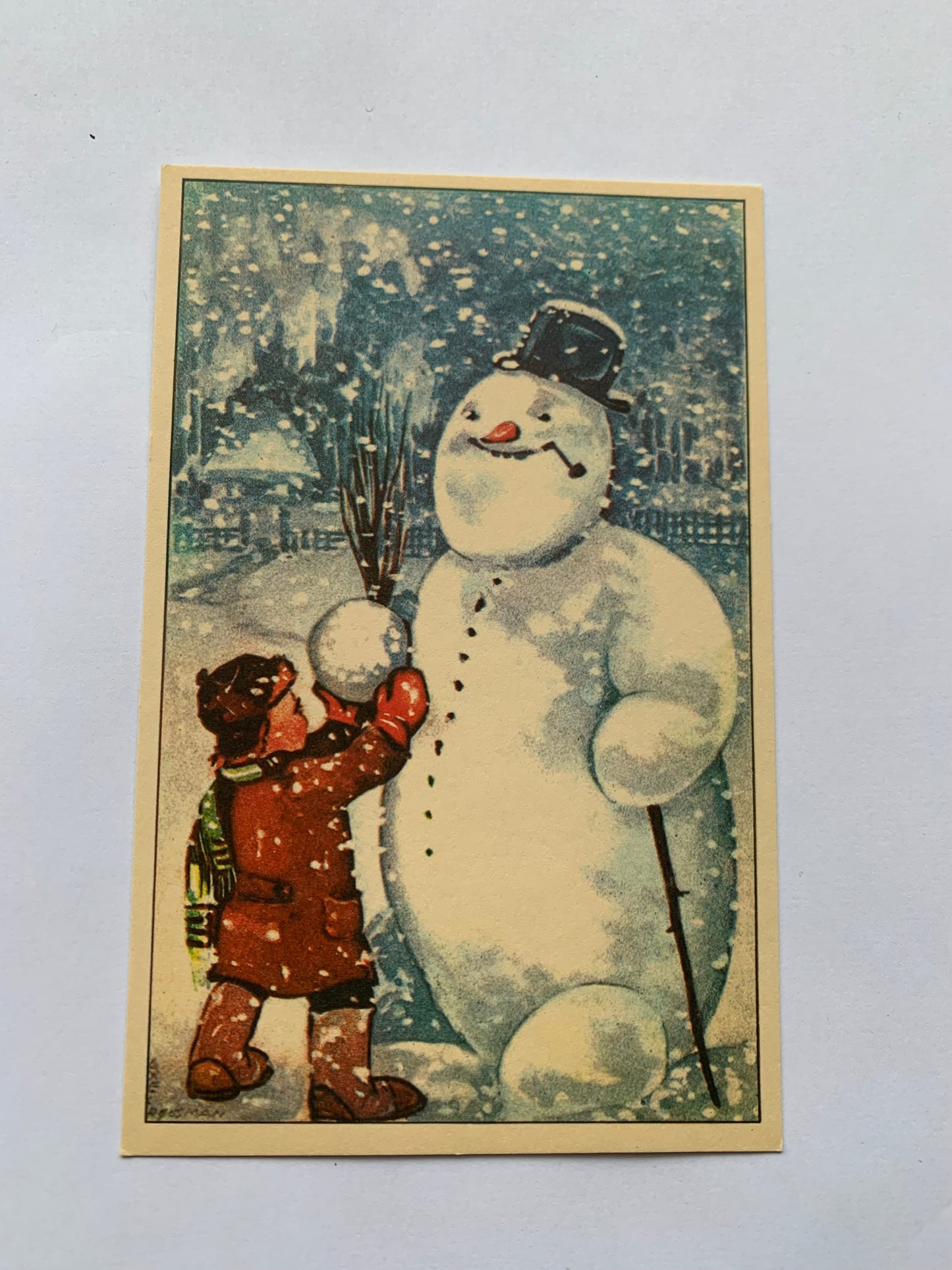Estonian Christmas / New Year Art Greeting card - Boy and Snowman - Winter - Reproduction from old postcard - 1990 - unused