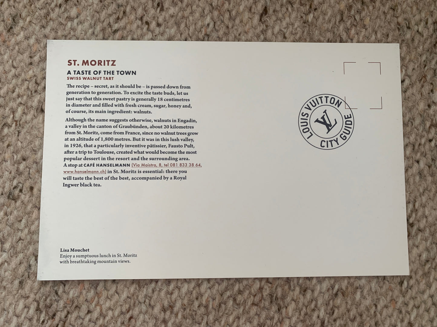 ST. MORITZ Switzerland. Lisa Mouchet art postcard - A taste of the town Swiss Walnut Tart - collectible postcards - 2000s - unused