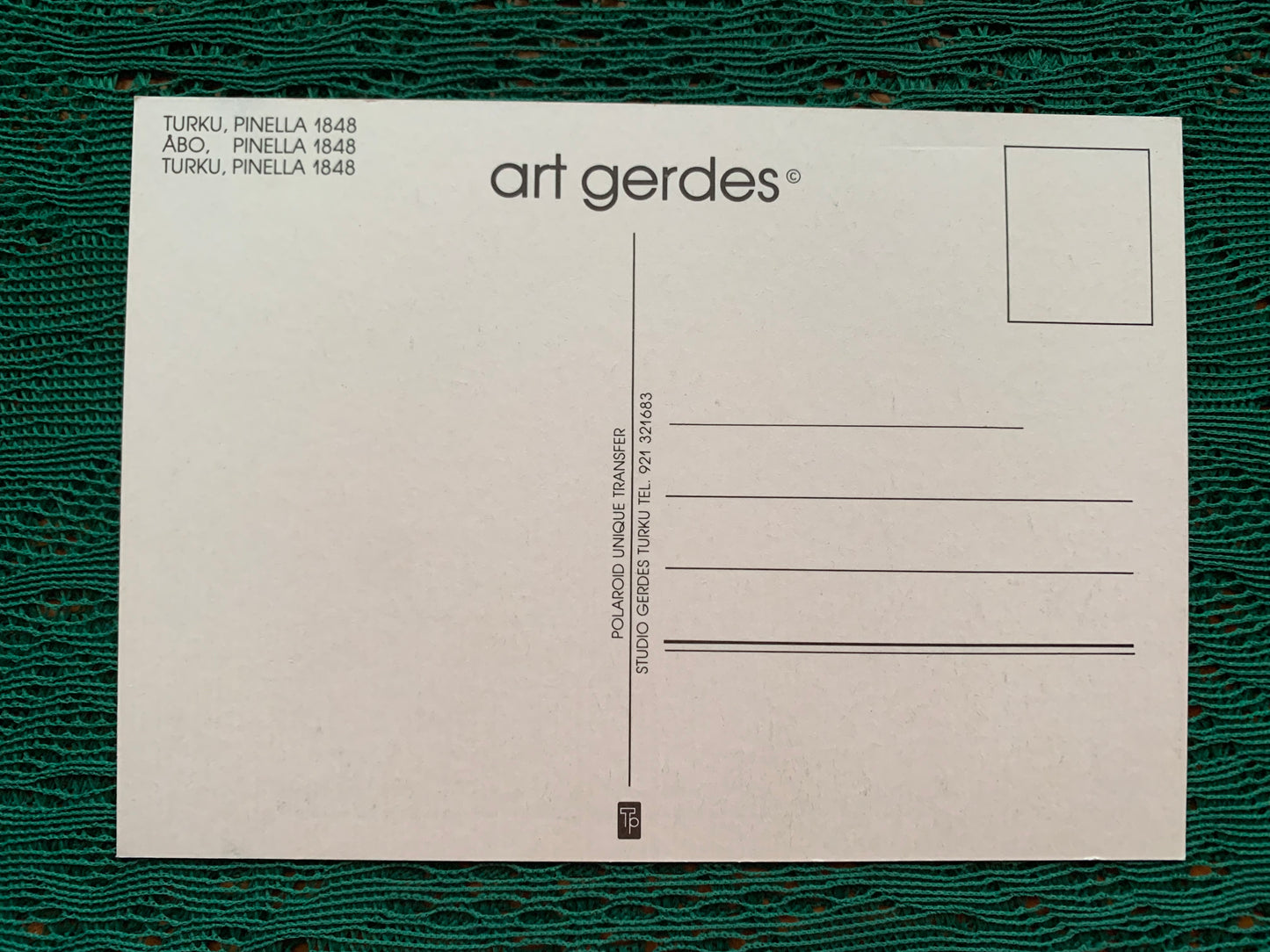 Art Gerdes postcard - POLAROID UNIQUE TRANSFER - TURKU, PINELLA 1848 - Gerdes 1990 - unused