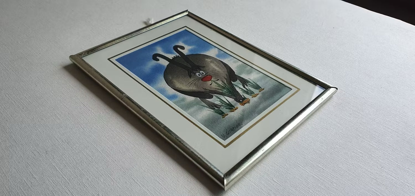 ORIGINAL WATERCOLOR PAINTING - Estonian artist V.GUREI - Whimsical Rabbit - Framed 13 x 17 cm - 2004