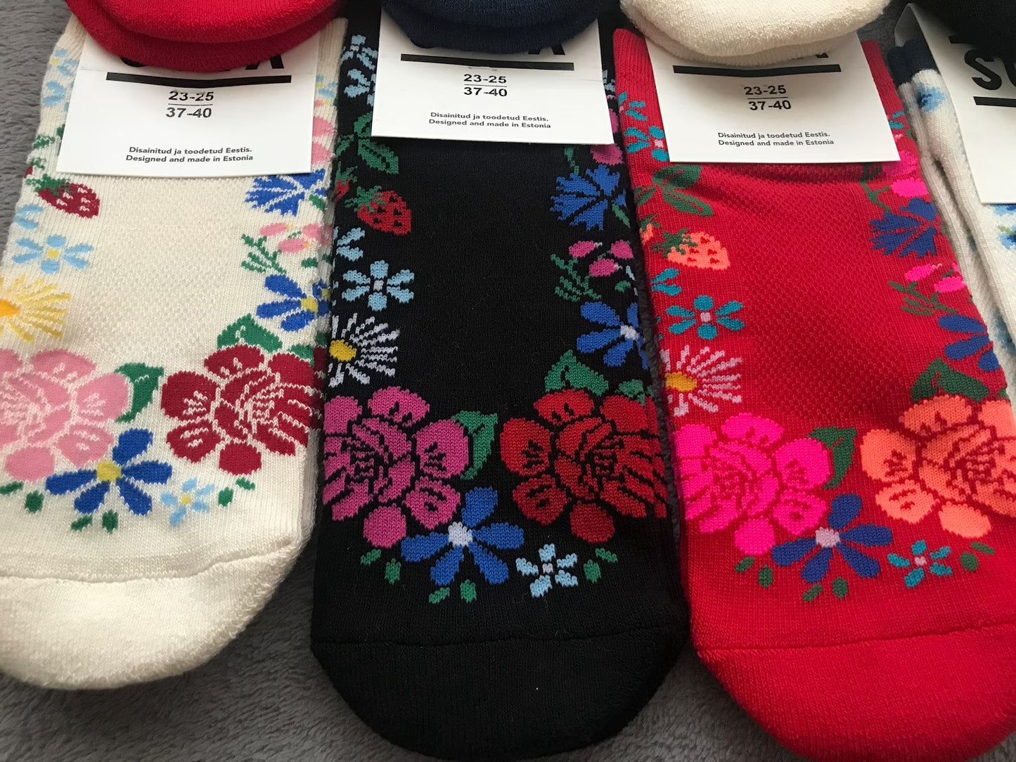 Half-terry socks with Estonian national floral pattern. Pick your favourite! Muhu island Folk, Rye Flower, Halliste Folk, Cannabis leaves