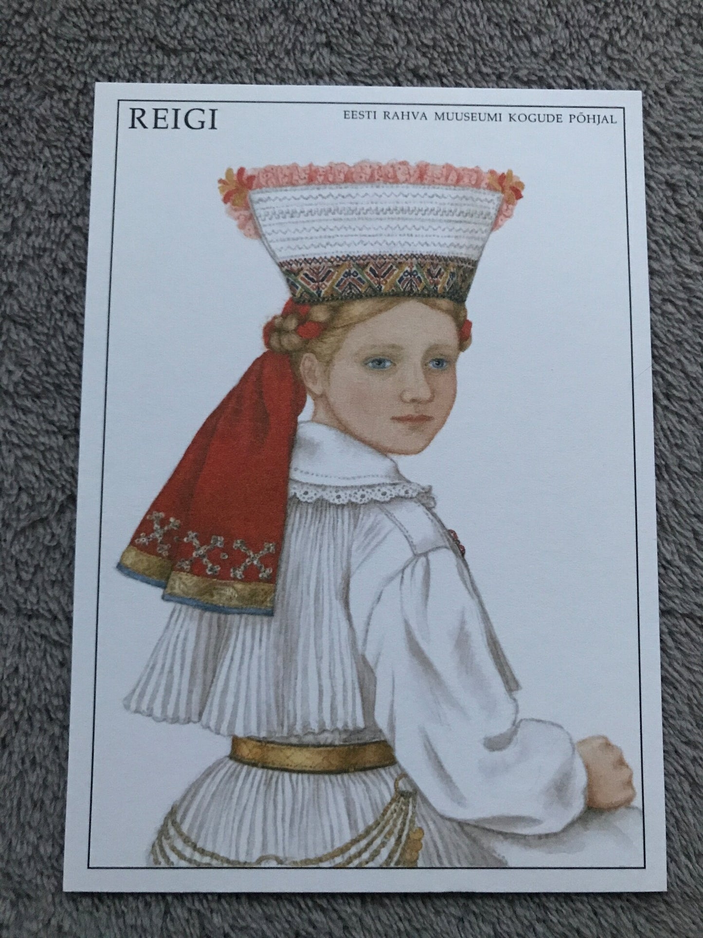 Estonian art postcard - Estonian Folk dress - REIGI area National costume - Artist Mari Kaarma - 1996 - unused