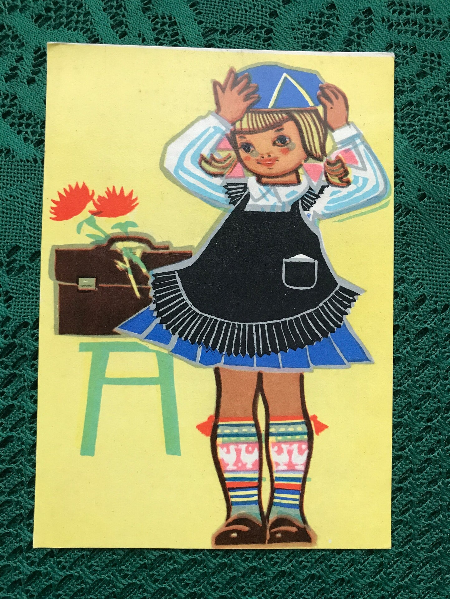 Estonian art postcard - Artist Margareta Fuks - Girl in Soviet School uniform - First School Day - 1964 - unused