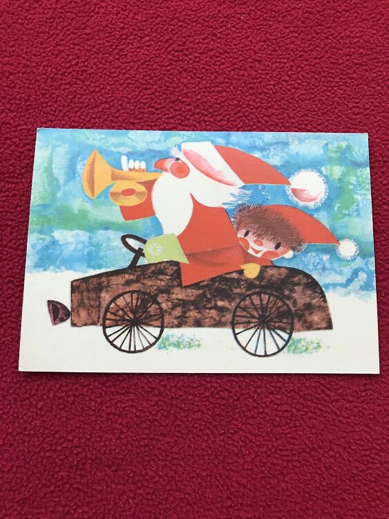 Estonian Christmas / New Year Greeting card - Artist H.Sampu - Santa Claus driving a car - 1969 - USSR - unused