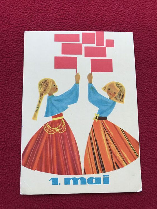 Estonian 1 May Greeting card - Artist H.Sampu - Red Flags, Girls in Folk Dress - 1968 - USSR - unused
