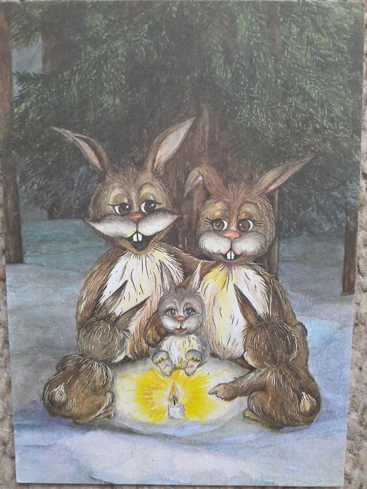 Estonian art postcard - Bunnies, Hare, Rabbit - Artist Anne Arus - USSR Greeting card - 1990 - unused