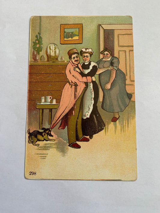 Old postcard - Antique postcard - Wife Catches Husband Hugging Maid - Cheating Husband - Angry Wife - Carte Postale - early 1900s - Unused