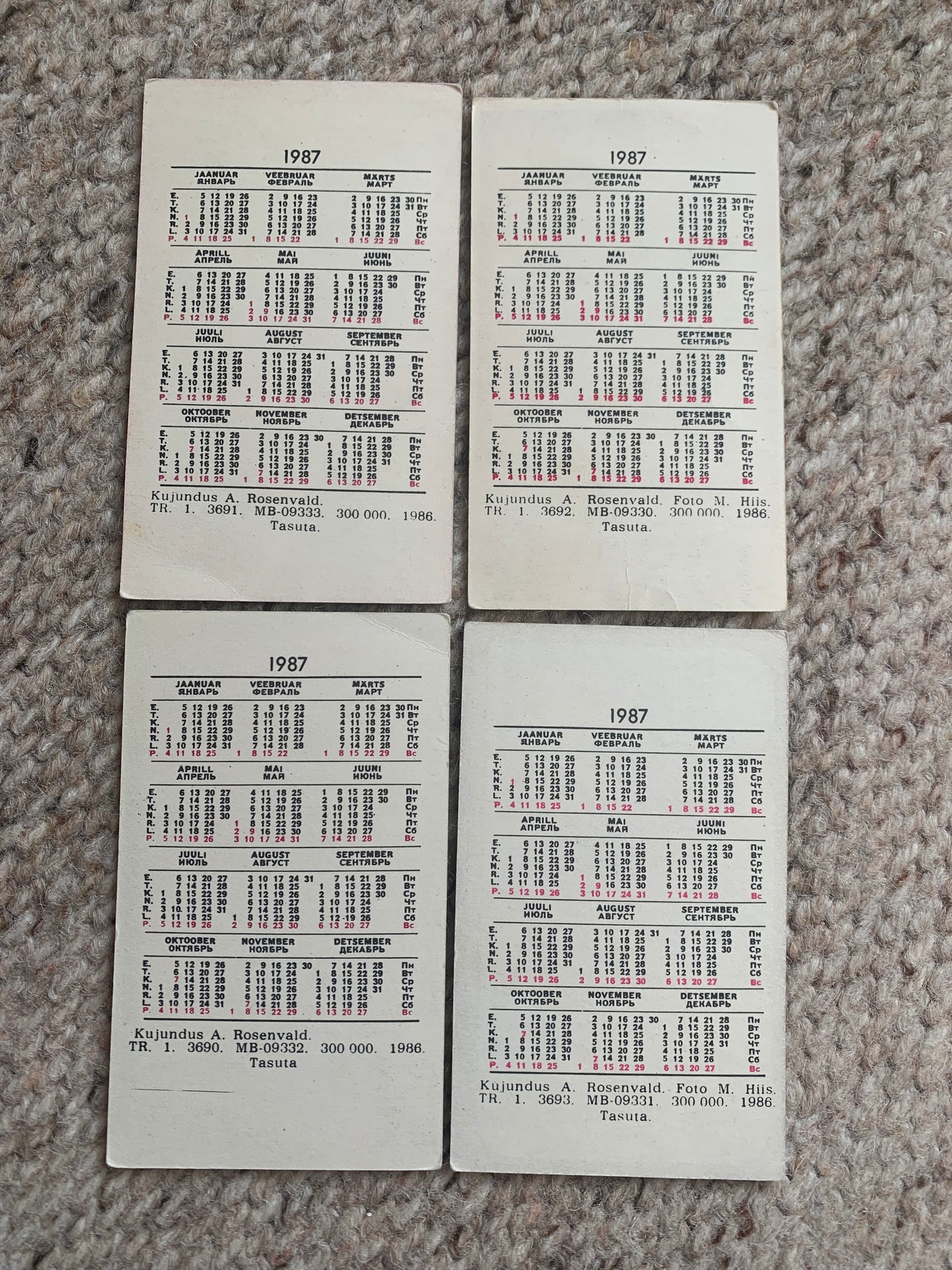 Set of 4 Estonian Soviet-time pocket calendars - Insurance advertisement pocket calendars for the year 1987