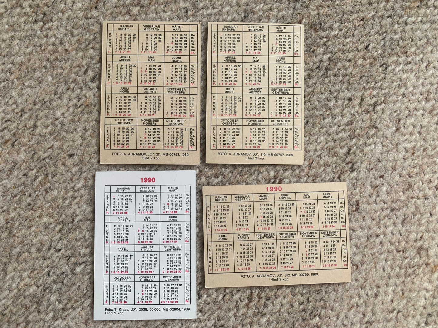 Set of 4 Estonian Soviet-time pocket calendars - Pocket calendars with places of Tallinn for the year 1990