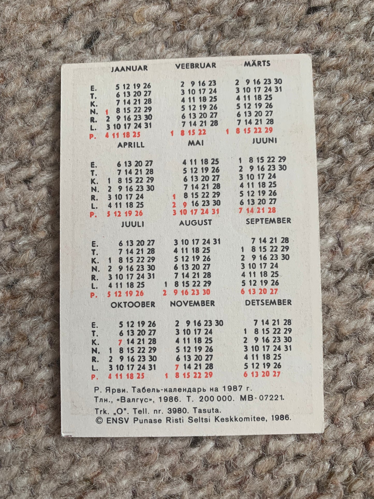 Estonian Soviet-time pocket calendar - We want to be healthy!! - Pocket calendar for the year 1987
